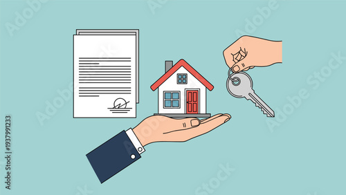 Real estate transaction concept showing hands exchanging house keys with a property model and signed contract document on blue background.