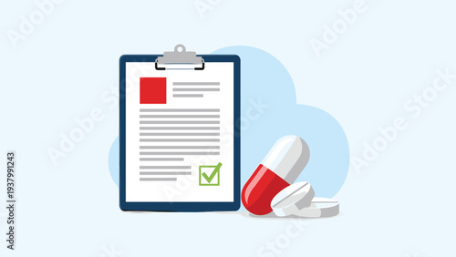 Medical prescription or health insurance claim document with a green checkmark next to capsules and tablets on a blue circular background.