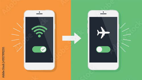 Mobile technology illustration showing the transition of a smartphone screen from Wi-Fi connectivity to airplane mode on a split background.