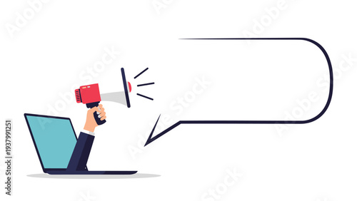 Digital marketing promotion shows hand holding megaphone emerging from laptop screen with empty speech bubble for text.