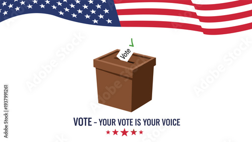 American election concept featuring a brown ballot box with a vote slip and a green checkmark under the waving United States national flag.
