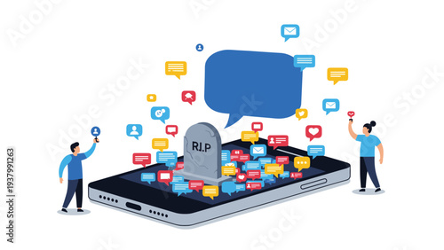 Social media death concept showing a gravestone with RIP on a smartphone screen surrounded by numerous message notifications and tiny people.