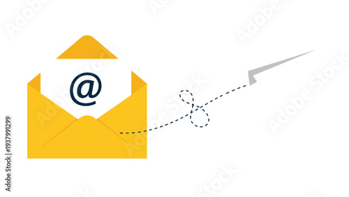 Email marketing and digital communication concept with an open yellow envelope containing a paper with at symbol and a dashed flight path.