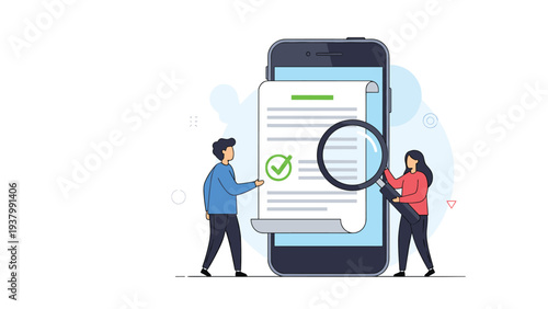 Mobile document review and digital approval concept showing two people using a magnifying glass to check a file on a giant smartphone.