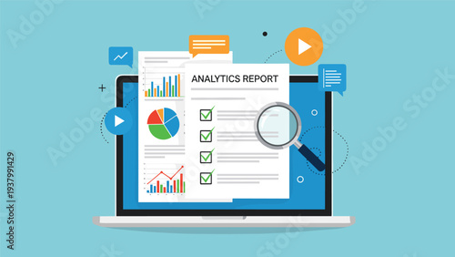 Business analytics and data reporting concept showing a laptop screen with various charts and a checklist document with a magnifying glass.