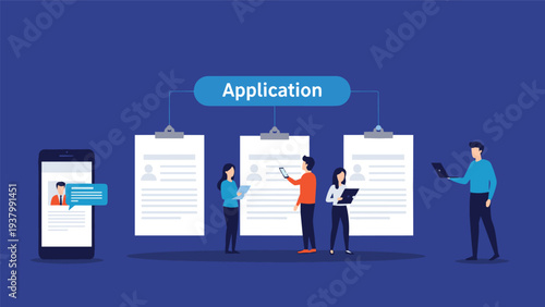 Digital recruitment and job application process concept featuring candidate profiles on clipboards and people using mobile and laptop devices.