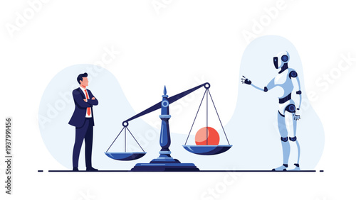 Artificial intelligence versus human labor concept showing a businessman and a robot on either side of a balanced scale of justice.