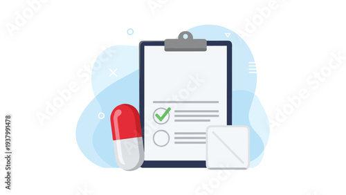 Medical insurance or healthcare report concept featuring a clipboard with checkmarks and a large red and white capsule pill.