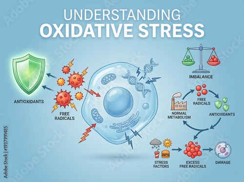 Conceptual illustration detailing the biological mechanisms of oxidative stress, its cellular impact, and antioxidant defense pathways