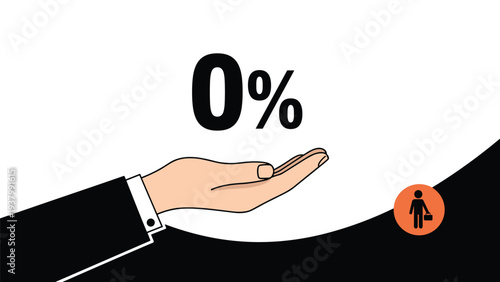 Financial offer and interest-free loan concept with a hand held out under a large black zero percent symbol on a minimalist background.