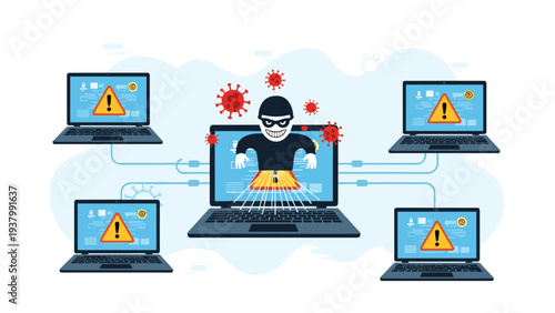 Distributed cyber attack and network security concept featuring a central hacker on a laptop interconnected with several other infected devices.