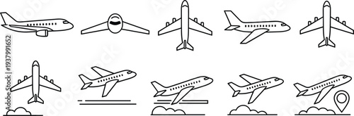 Minimal airplane icon vector set modern aircraft pictogram symbols isolated on white