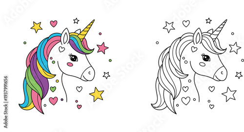Cute Unicorn Head with Rainbow Mane, Stars, and Hearts Illustration