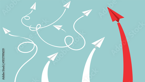 Red paper airplane flies straight ahead in a leadership role while other white planes follow chaotic paths on a blue background.
