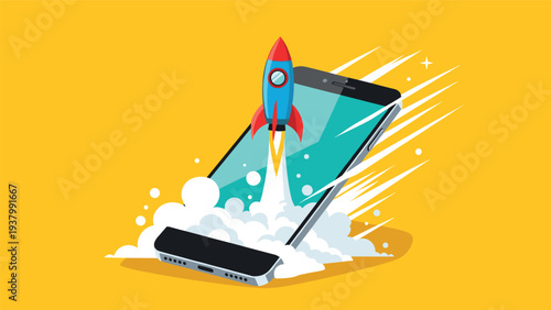 Powerful rocket launches from a smartphone screen to represent a successful mobile application release or startup business growth.