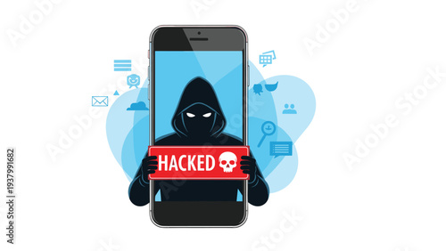 Mobile security alert and cyber threat concept featuring a masked hacker holding a red hacked warning sign inside a smartphone screen.