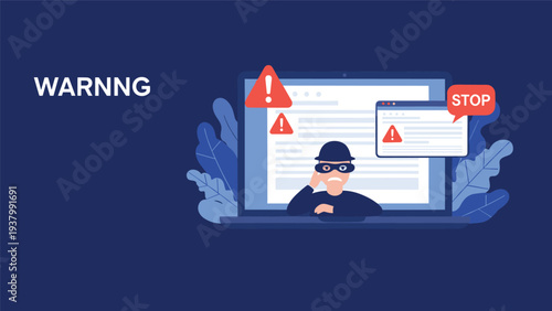 Cyber security concept features a masked hacker on a laptop screen with warning signs and stop alerts for phishing and data theft.