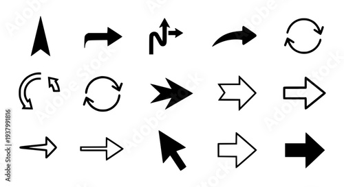 Arrows icon set with various directions and styles featuring icons, navigation, pointers with symbols and black