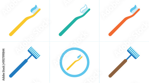 Colorful toothbrush icon set dental hygiene oral care cleaning tools bathroom health vector illustration collection
