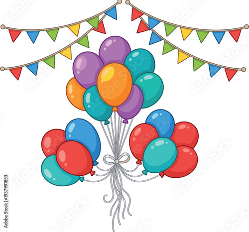 Colorful party balloons with festive bunting flags decoration celebration birthday event carnival holiday illustration