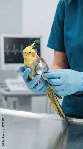 Veterinarian in blue scrubs examines a cockatiel with a stethoscope in a veterinary clinic, with medical equipment and a monitor displaying heart rate in the background