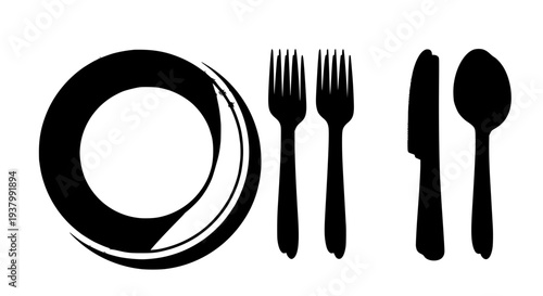 Cutlery set with plate, forks, knife, and spoon in black featuring utensils, silverware, tableware with dining and