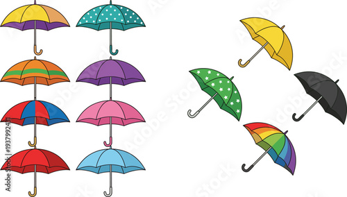 Colorful umbrella collection set rainy season protection accessory weather icons bright rain umbrellas illustration