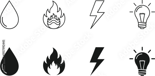 utilities energy icons set water drop fire flame lightning bolt electricity bulb light power outline filled black white vector illustration
