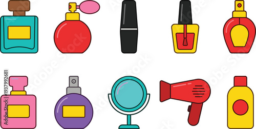 Cosmetics beauty products icon set perfume lipstick nail polish mirror hairdryer bottles makeup fashion vector illustration