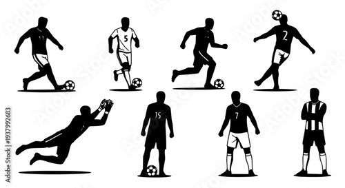 Soccer players silhouetted set with dynamic action poses featuring football, silhouettes, black with white and sports