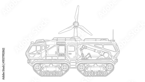 Future Terrain Vehicle: Conceptual line art of a futuristic terrain vehicle. Featuring a wind turbine and a robust, mobile design.