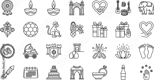 Large collection of black linear icons representing Indian culture, wedding celebrations, religious symbols, gifts, and festive elements for clean minimalist graphic design projects.