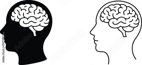 human brain mind head icon set psychology intelligence thinking idea neurology silhouette profile outline filled black white vector illustration