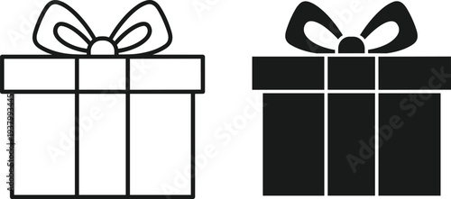 gift present box icon set wrapped ribbon bow surprise package holiday birthday celebration outline filled black white vector illustration