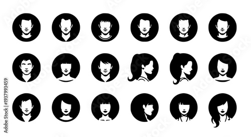 Icons user profile set with various hairstyles and facial features featuring avatars, silhouettes, people with faces