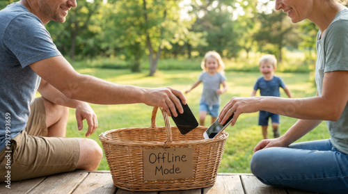 Parents putting smartphones in basket labeled offline mode while kids play outdoors in sunny park