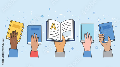 Diverse hands holding books and digital tablets open textbook literacy education reading study knowledge concept vector illustration