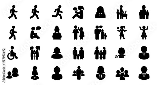 People icons set in black silhouette, representing diverse human figures and interactions in various activities.