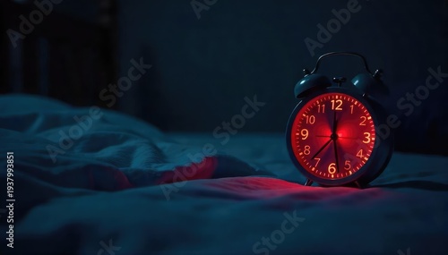 A shadowy bedroom scene, illuminated only by the glow of a digital clock displaying a late hour Stress and anxiety are palpable in the quiet darkness Insomnia, restless night , heavy, anxiety