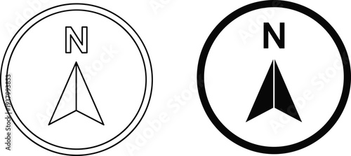 Minimalist black and white north pointing compass icon, navigation symbol with N arrow, direction guide for maps, travel, GPS, exploration, vector illustration, isolated on white background.