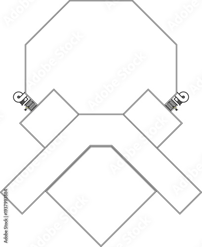 Technical architectural floor plan showing geometric building layout with octagonal main structure, angular wings and spiral staircases in minimalist line art style.