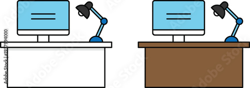 modern office desk workspace setup, computer monitor and desk lamp furniture concept, minimal home office interior flat vector illustration