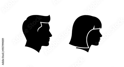 Silhouettes male and female profiles facing each other in black featuring hair, hairstyles, bangs with pompadour and