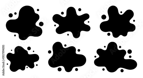 Splashes black ink set with scattered dots, irregular liquid shapes in a graphic resource design featuring drops,