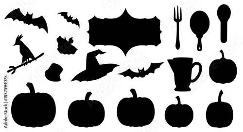 Halloween graphic elements set with pumpkins, bats, witch hat, and broomstick for holiday designs. featuring