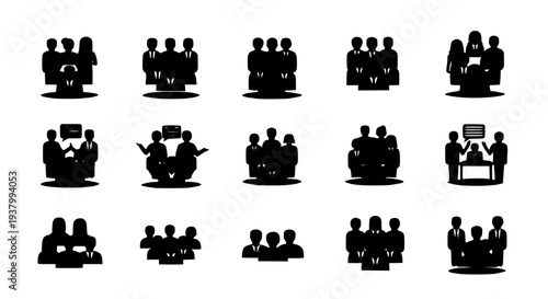 People silhouettes set with various business meeting scenes featuring discussion, collaboration, teamwork with office