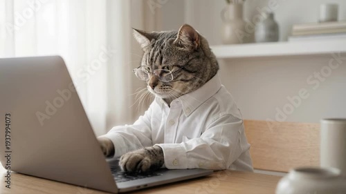 Funny cat in glasses and white shirt typing on laptop keyboard at desk. Serious fluffy pet working on computer project in modern office. Business animal and humor concept