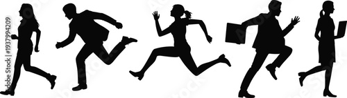 Running business people silhouettes professionals rushing with briefcase busy office workers career rush concept isolated black flat vector illustration