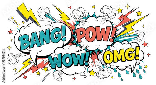 Retro Comic Book Style Sound Effects: Bang! Pow! Wow! OMG! with Explosions, Lightning, and Stars