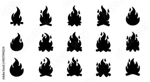 Flames set with various black silhouettes and shapes featuring fire, icons, collection with different and fire icons
